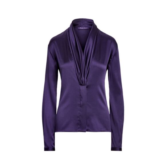 Ralph Lauren Collection Purple Label Silk Satin Blouse Plunge Shawl Collar XS S - Picture 1 of 6